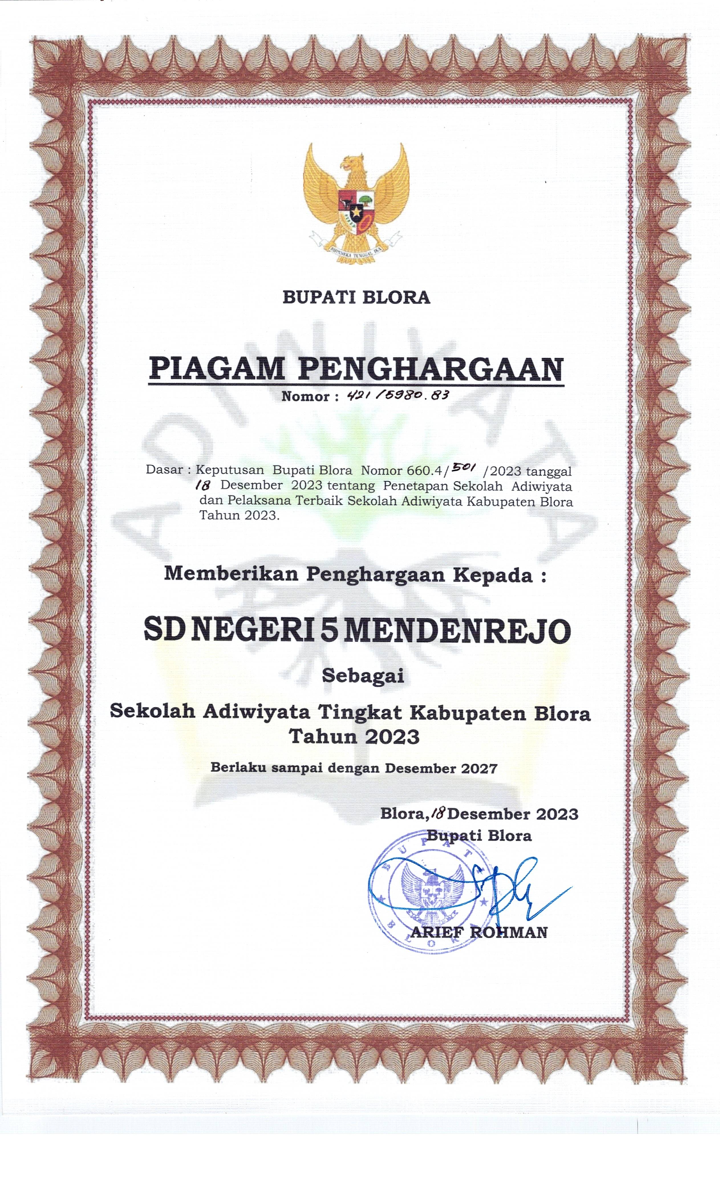 SDN 5 MENDENREJO SEBAGAI SEKOLAH ADIWIYATA TINGKAT KABUPATEN BLORA
